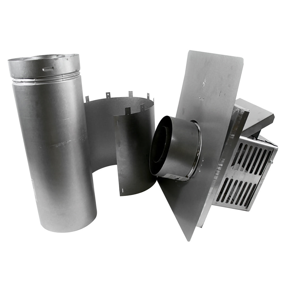 Metal direct-vent termination kit with shield plate and flue pipe components, square outlet