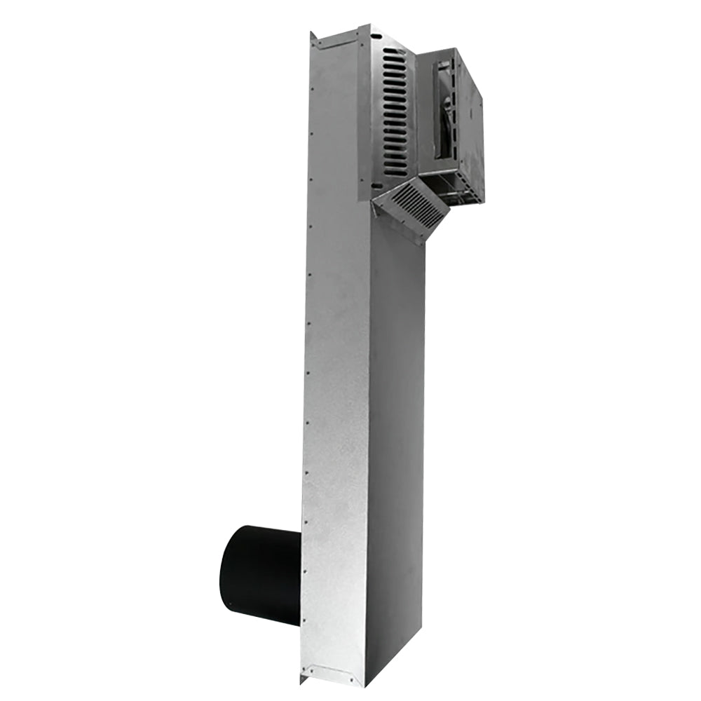 Metal direct-vent riser kit with rectangular tube and vent opening, grille detail.
