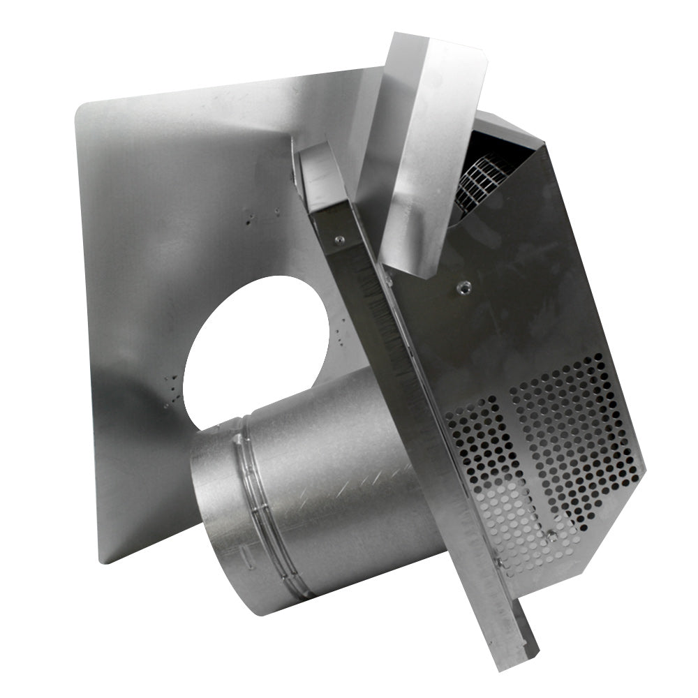 Metal horizontal direct vent termination kit with round collar and perforated screen.