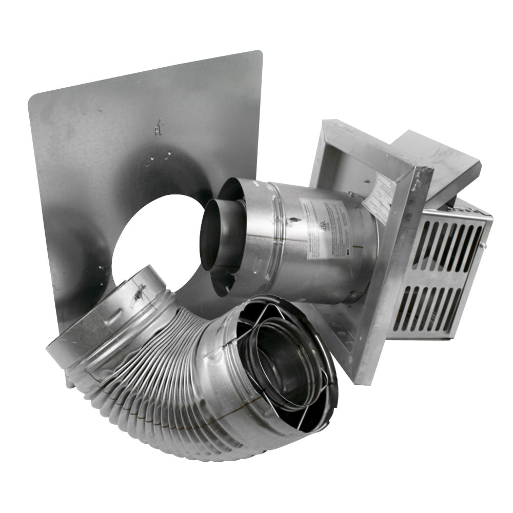 Metal direct vent termination kit with square termination plate and 90-degree elbow components