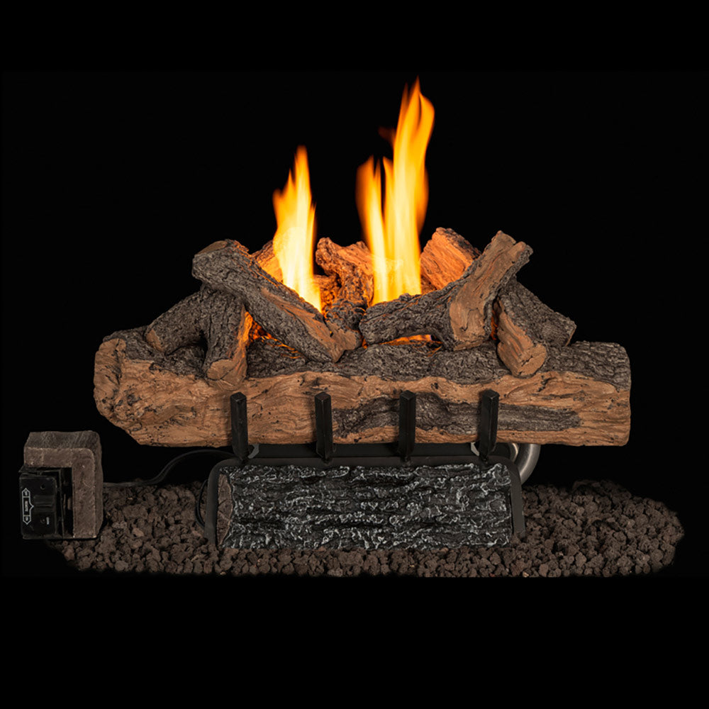 Ventless gas log set with split oak logs, bright flames, and ember base
