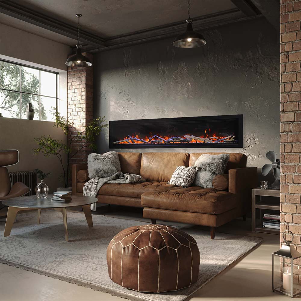 Built-in electric fireplace with vivid flame display set into a wall