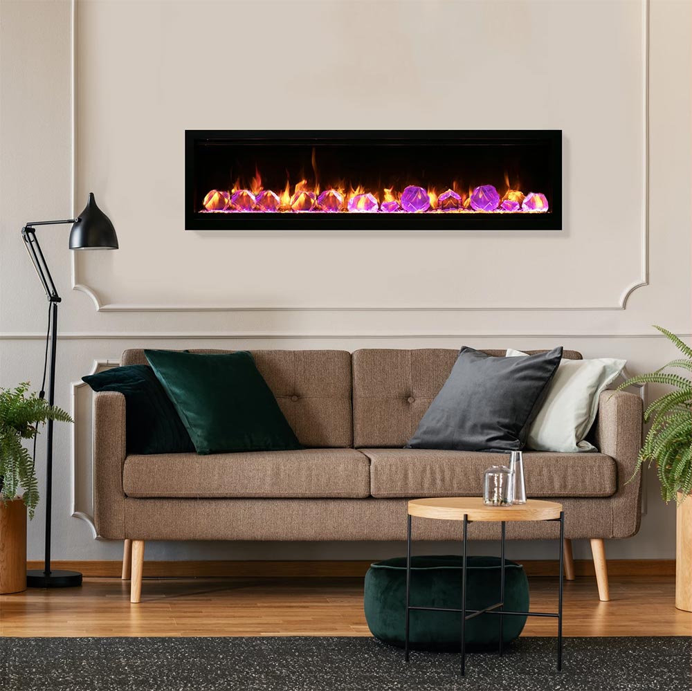 Wall-mounted electric fireplace insert with multicolor flame effect, including purple
