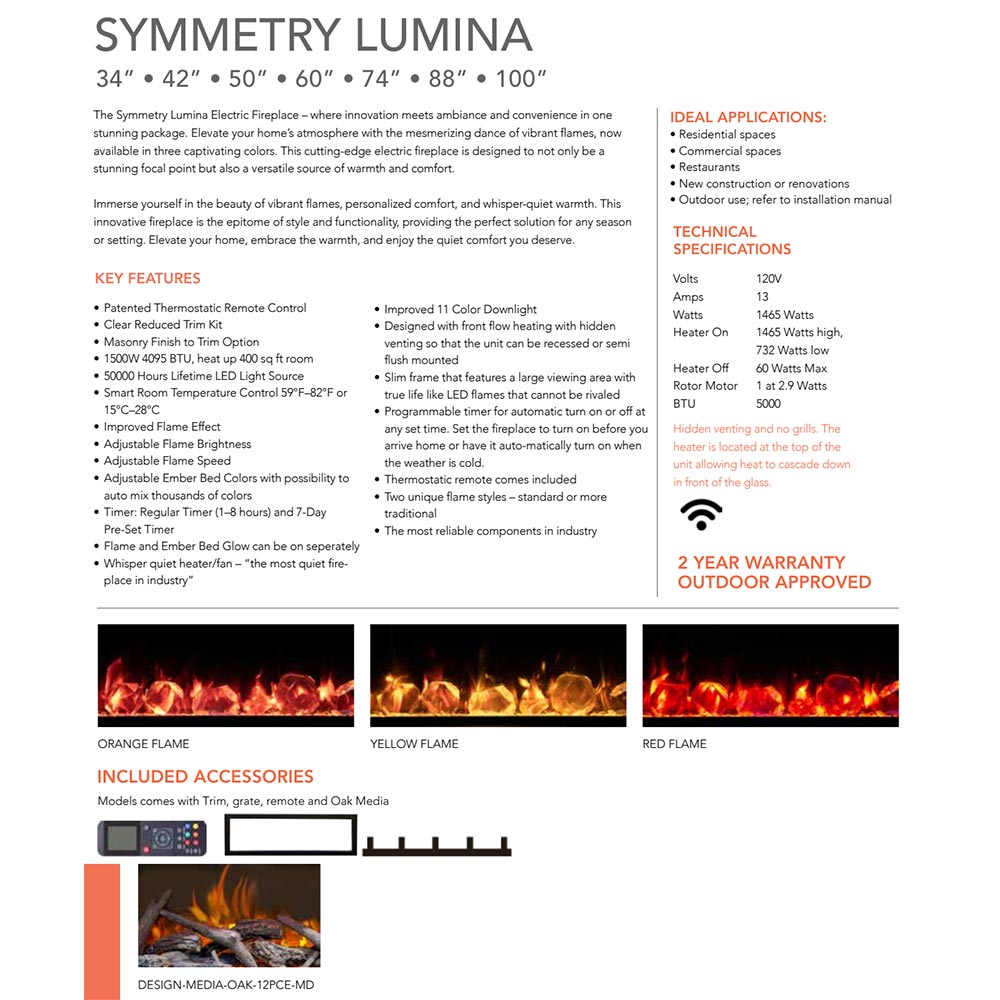 Electric fireplace product spec sheet showing features and flame color options