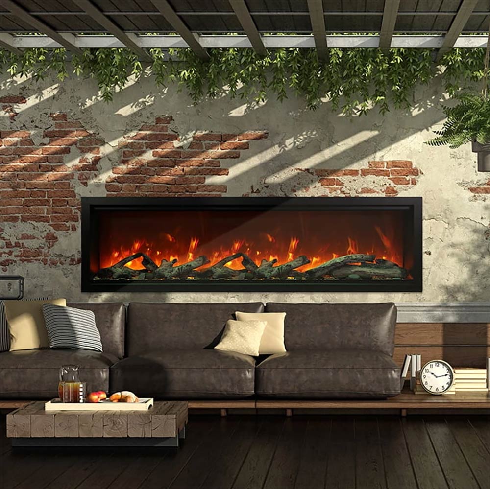 Built-in electric fireplace with black surround, glowing orange flame window