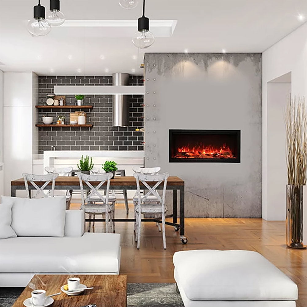 Built-in electric fireplace in wall niche with small red flame display