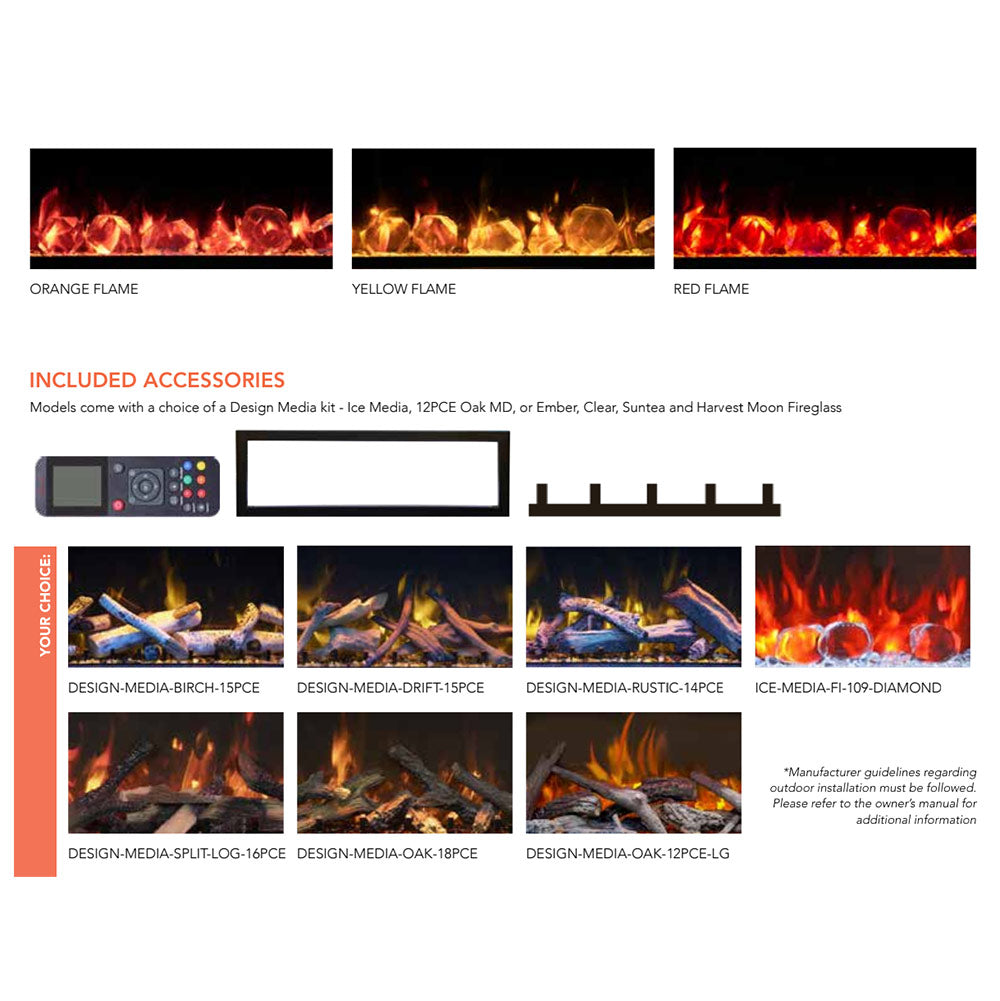Electric fireplace flame color options with remote and media accessories diagram