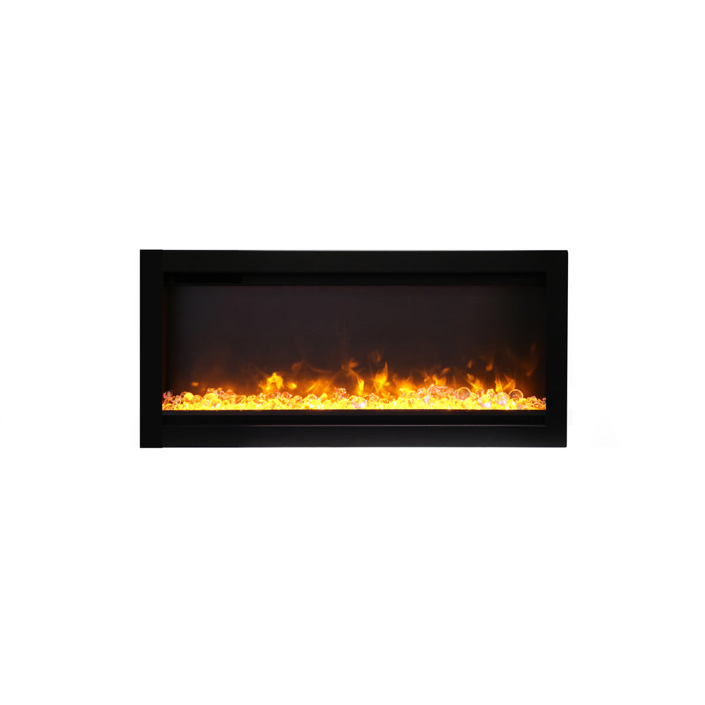 Built-in electric fireplace with black surround showing orange flame glow