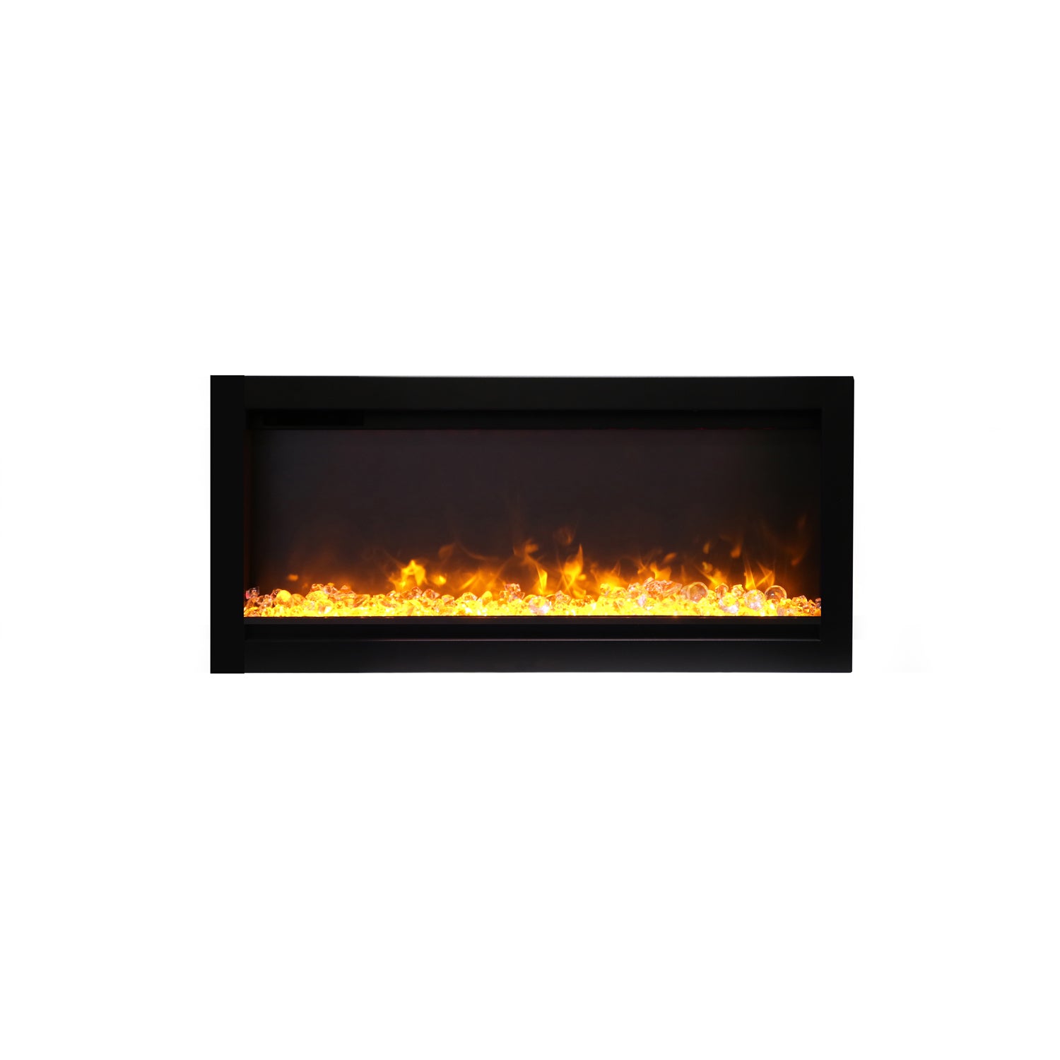 Built-in electric fireplace with black surround showing orange flame glow