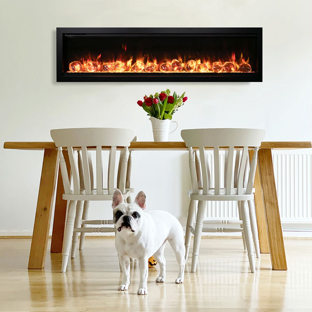 Built-in electric fireplace, black surround with bright flame effect in glass