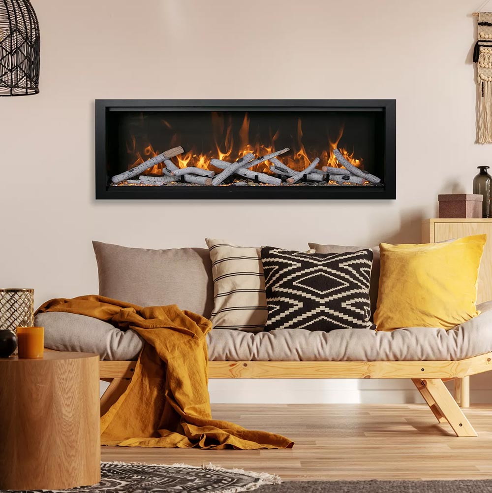 Black built-in electric fireplace with logs and orange flame display behind glass