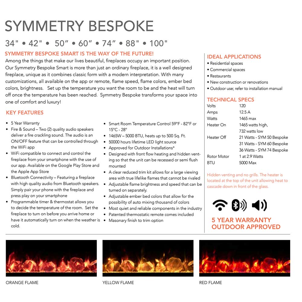 Electric fireplace brochure page showing specifications and 5-year warranty