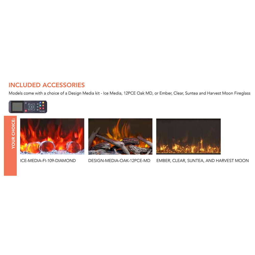 Electric fireplace accessories page with remote and media flame option thumbnails.