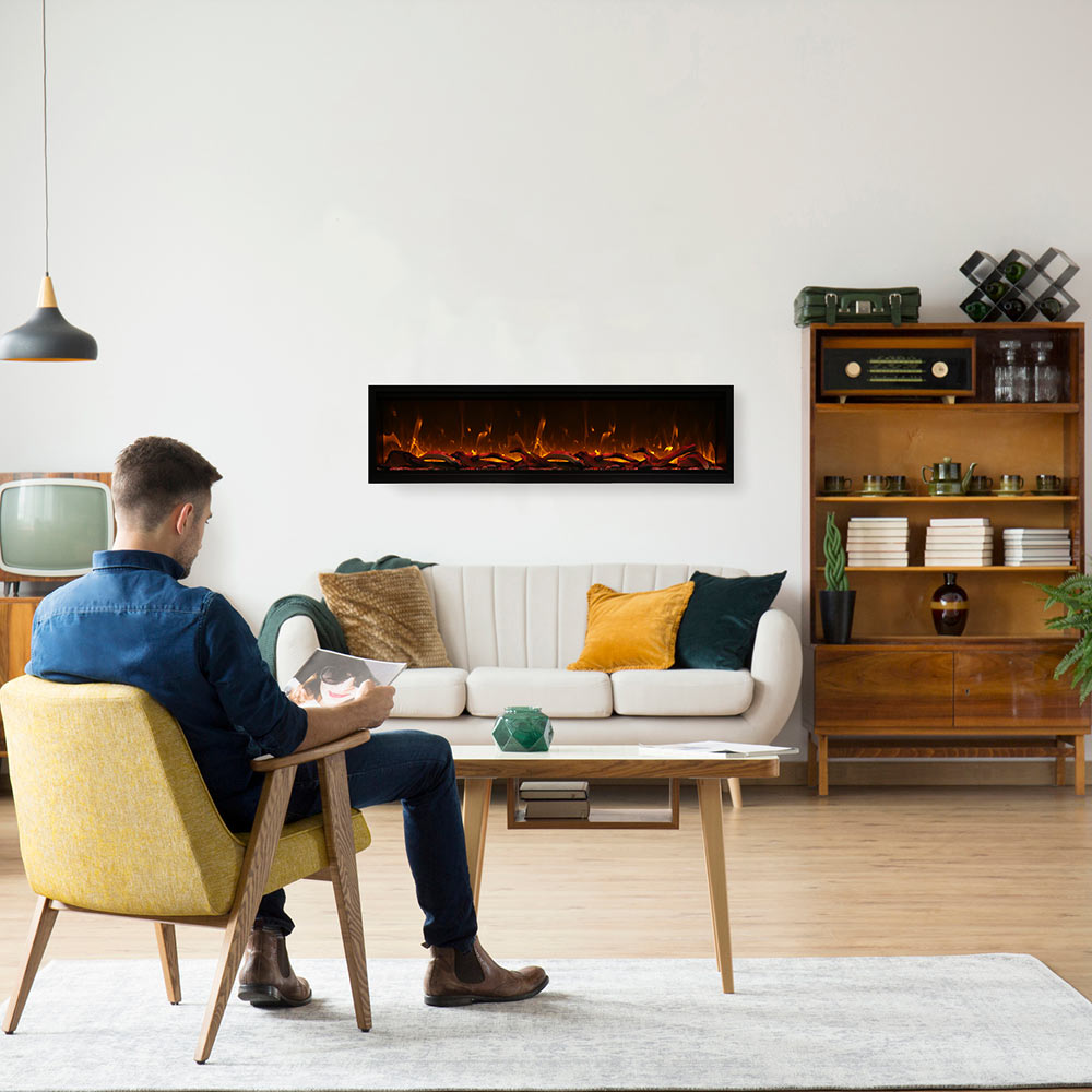 Wall-mounted electric fireplace flame screen with warm orange glow and black frame