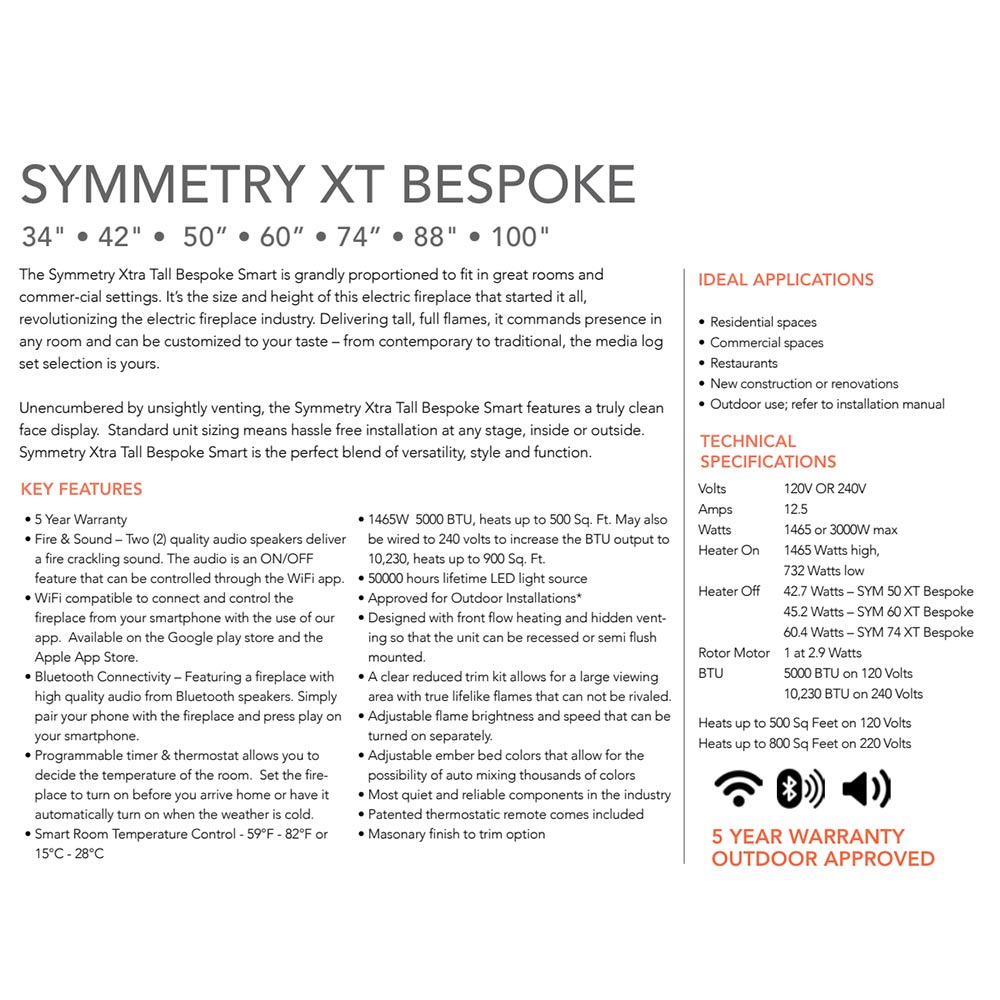Symmetry XT Bespoke brochure page with specifications and warranty details.