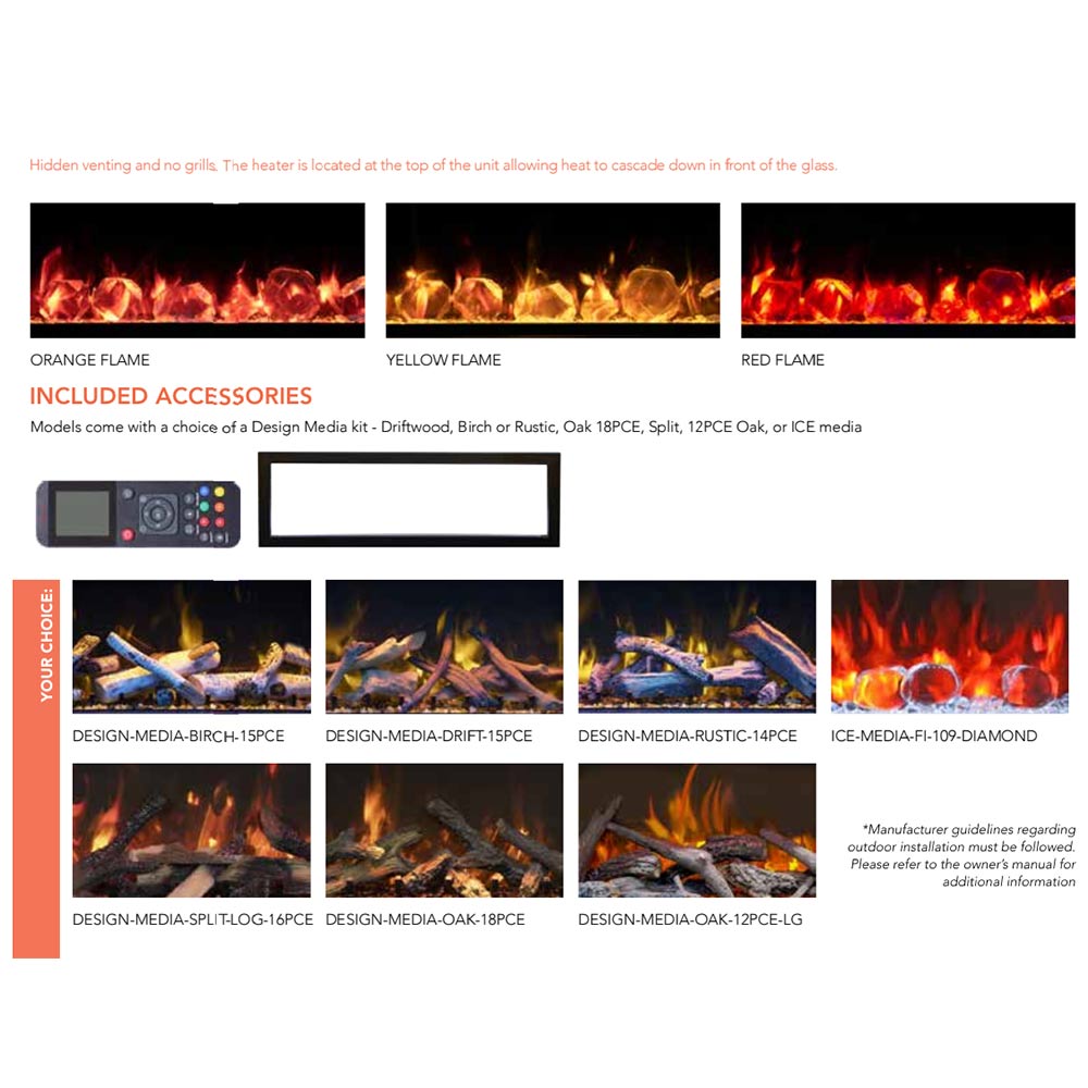 Electric fireplace flame color options and included accessories layout