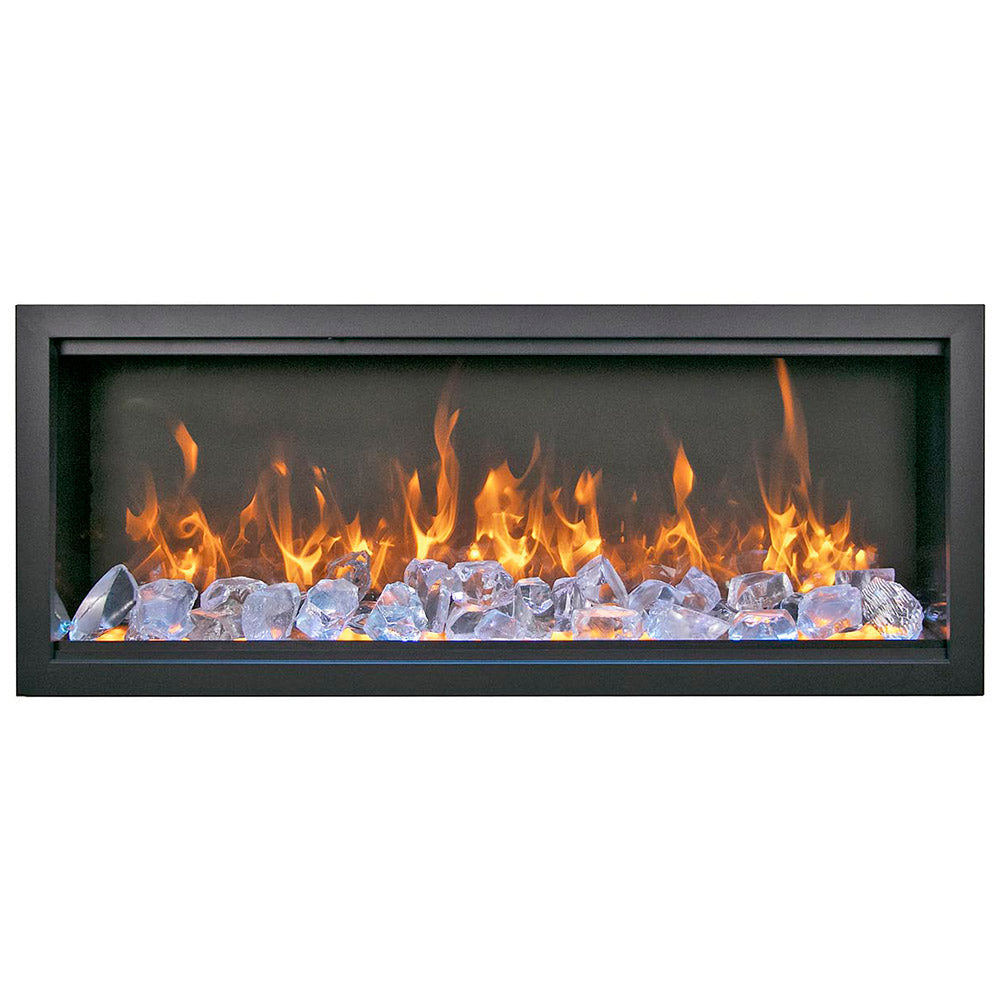 Built-in electric fireplace with clear fire glass crystals and orange flame effect