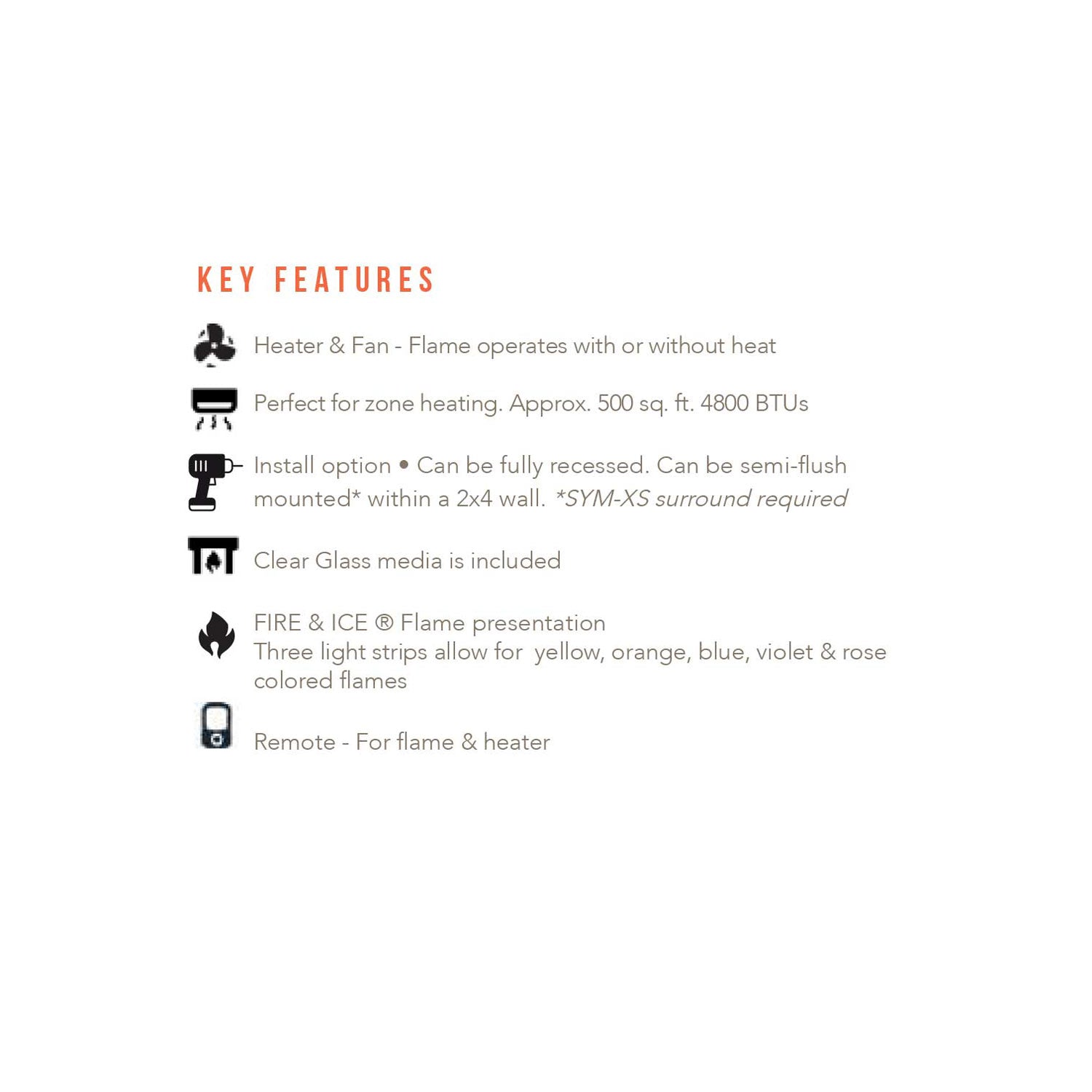 Key features icons for electric fireplace, including heater and remote control