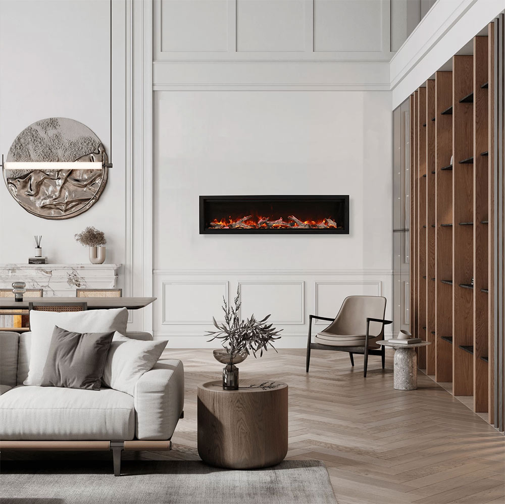 Recessed smart electric fireplace in dark wall opening with flame glow