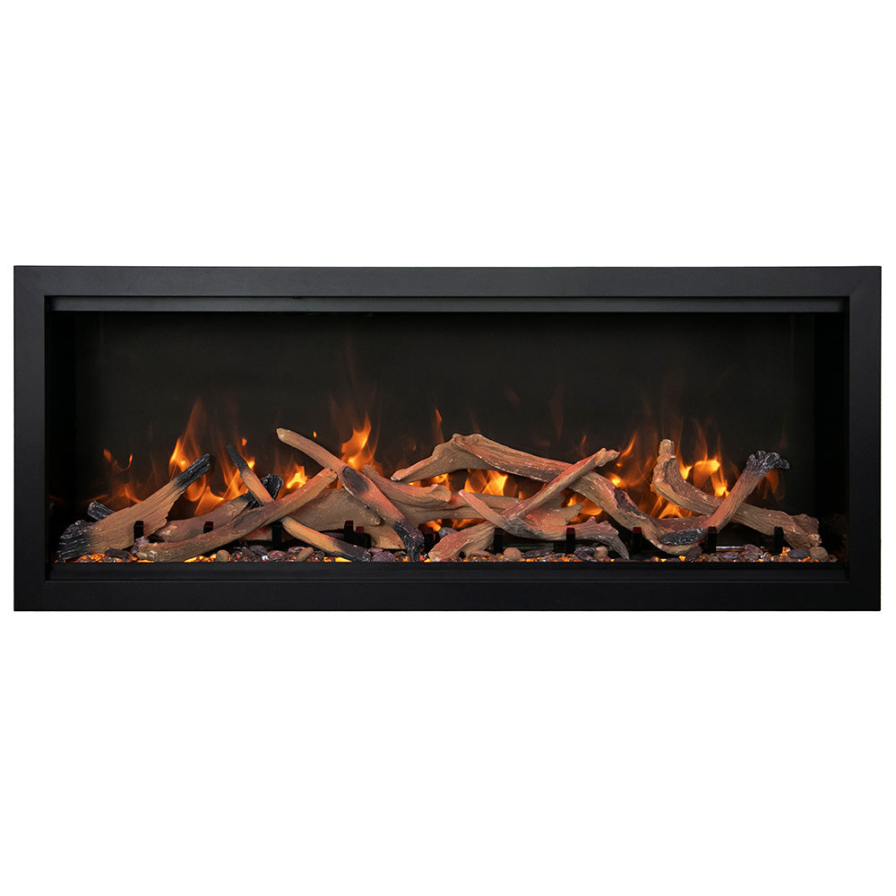 Built-in electric fireplace with black frame and burning gray log set