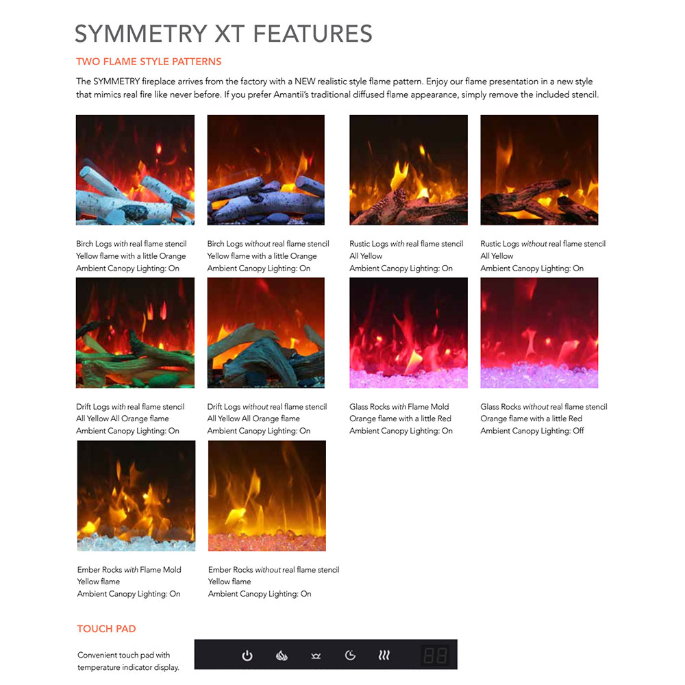 Symmetry XT electric fireplace features panel showing flame patterns and media options