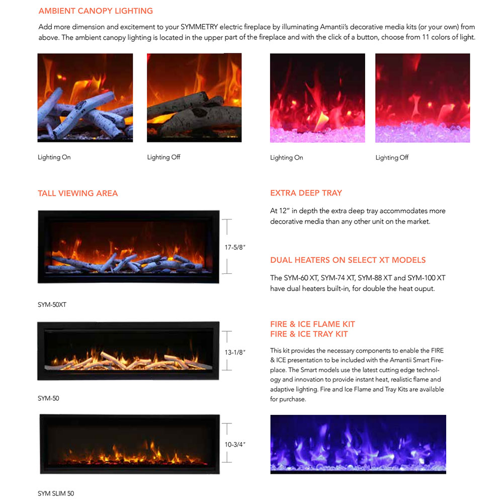 Symmetry XT electric fireplace controls and specs graphic for models and lighting