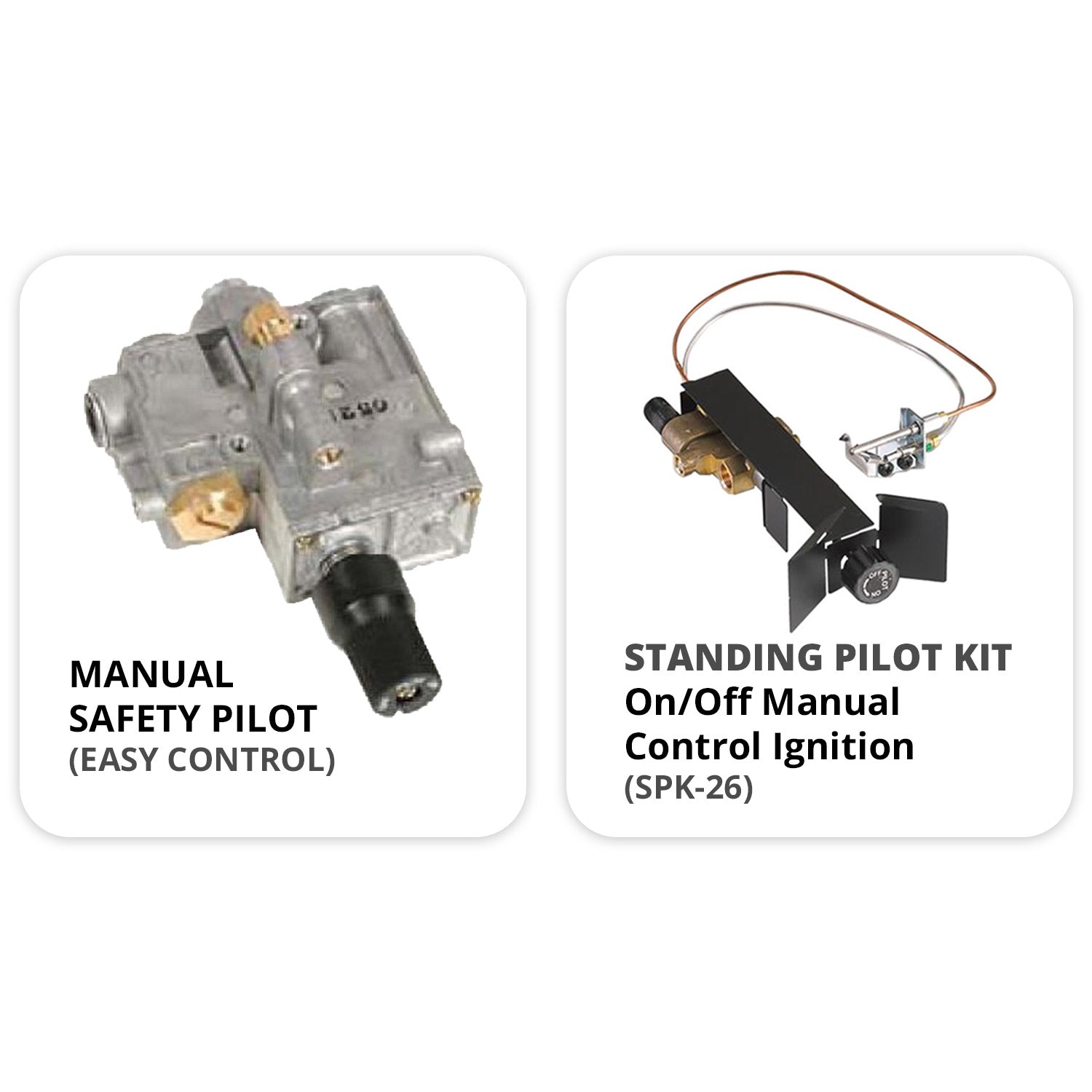 Manual safety pilot gas valve assembly and standing pilot kit components