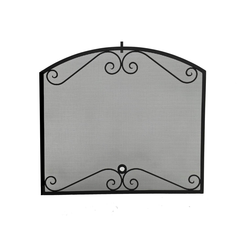 Arched fireplace screen with black scrollwork frame and gray mesh panel