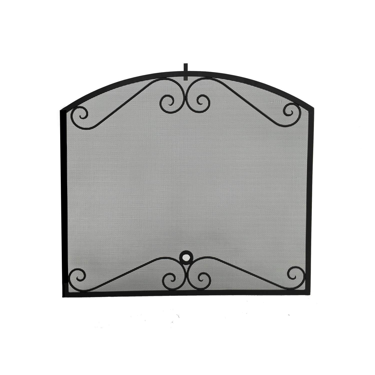 Arched fireplace screen with black scrollwork frame and gray mesh panel