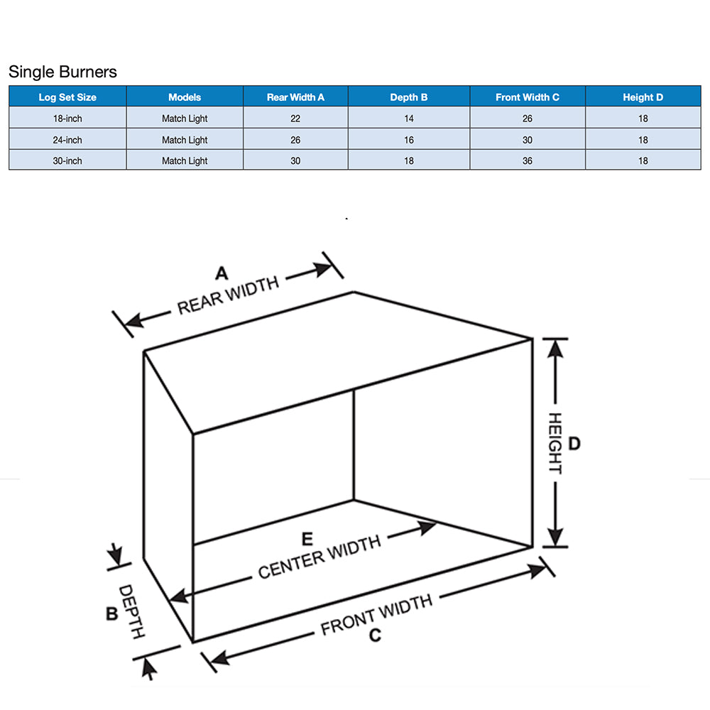 Fireplace burner size diagram with front, rear width, depth, and height measurements
