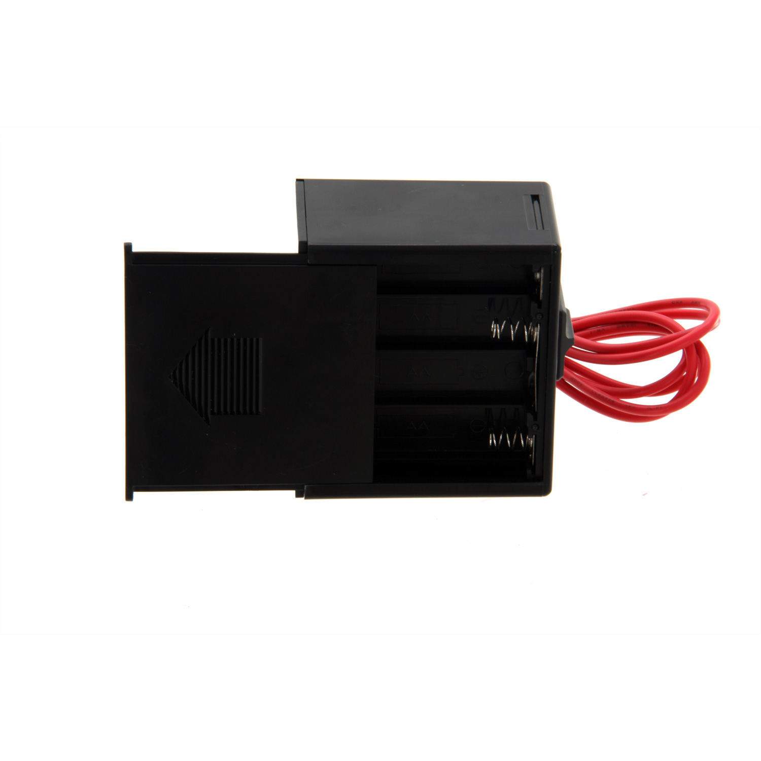 Black remote receiver unit with open end panel and red wire lead attached