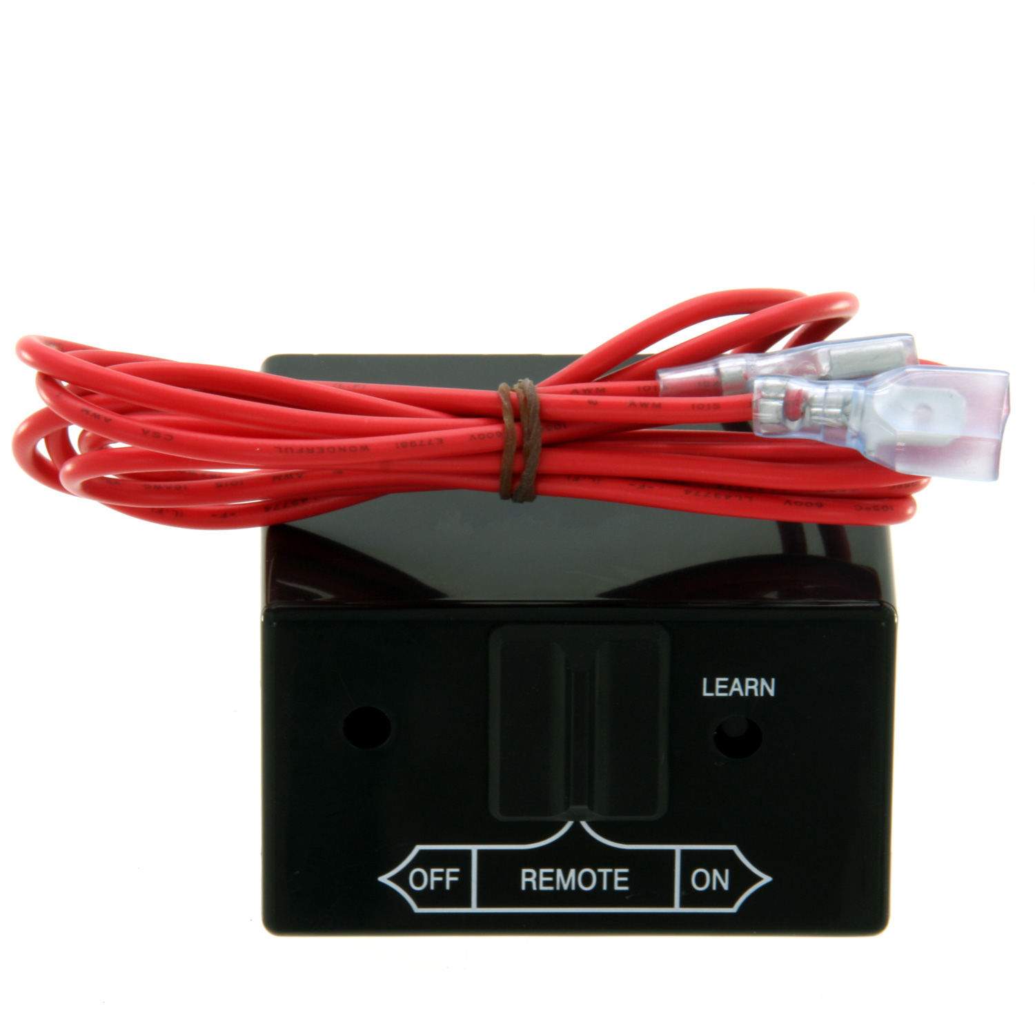 Black remote receiver module with red wire leads and labeled OFF, REMOTE, ON switches