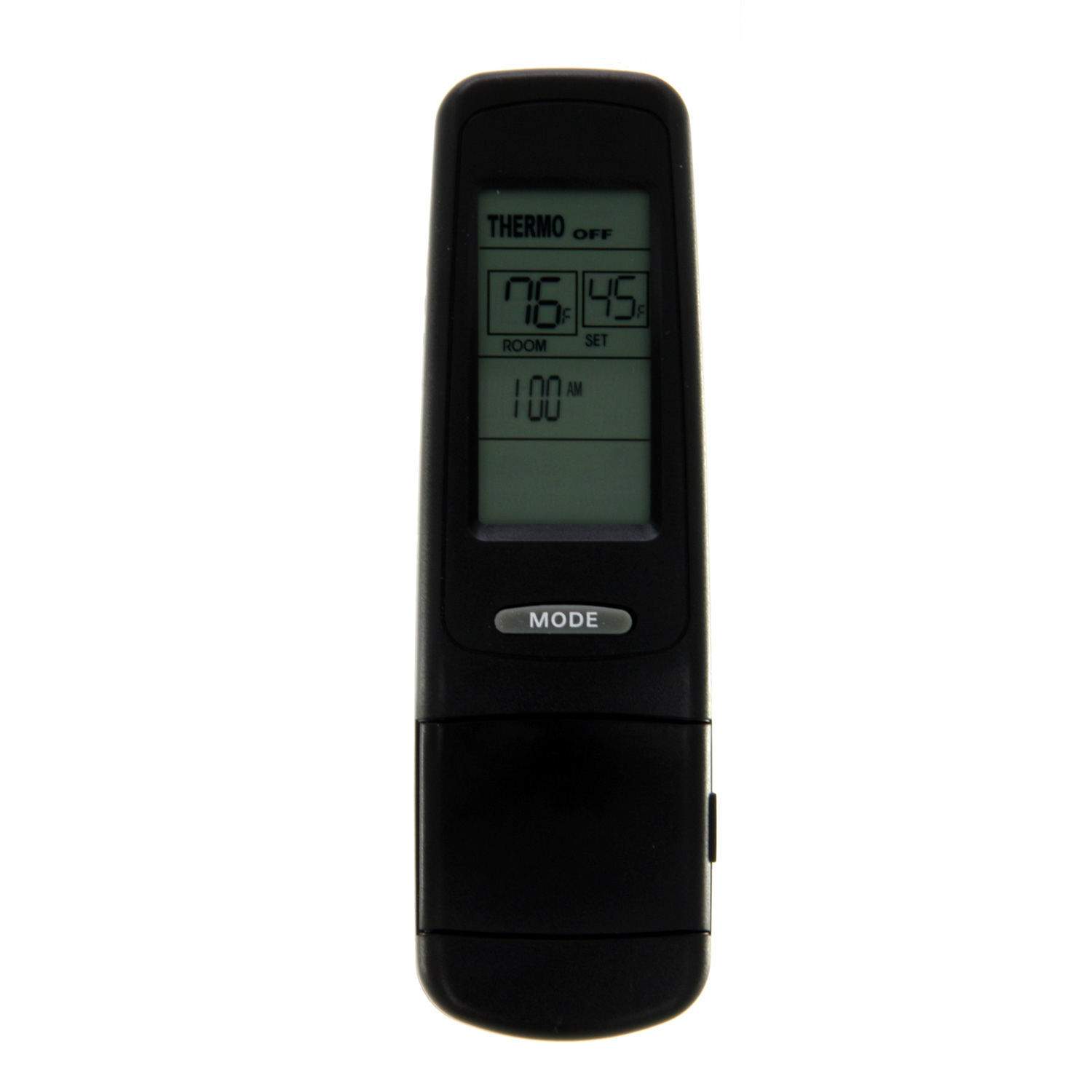 Black remote control transmitter with LCD display and MODE button
