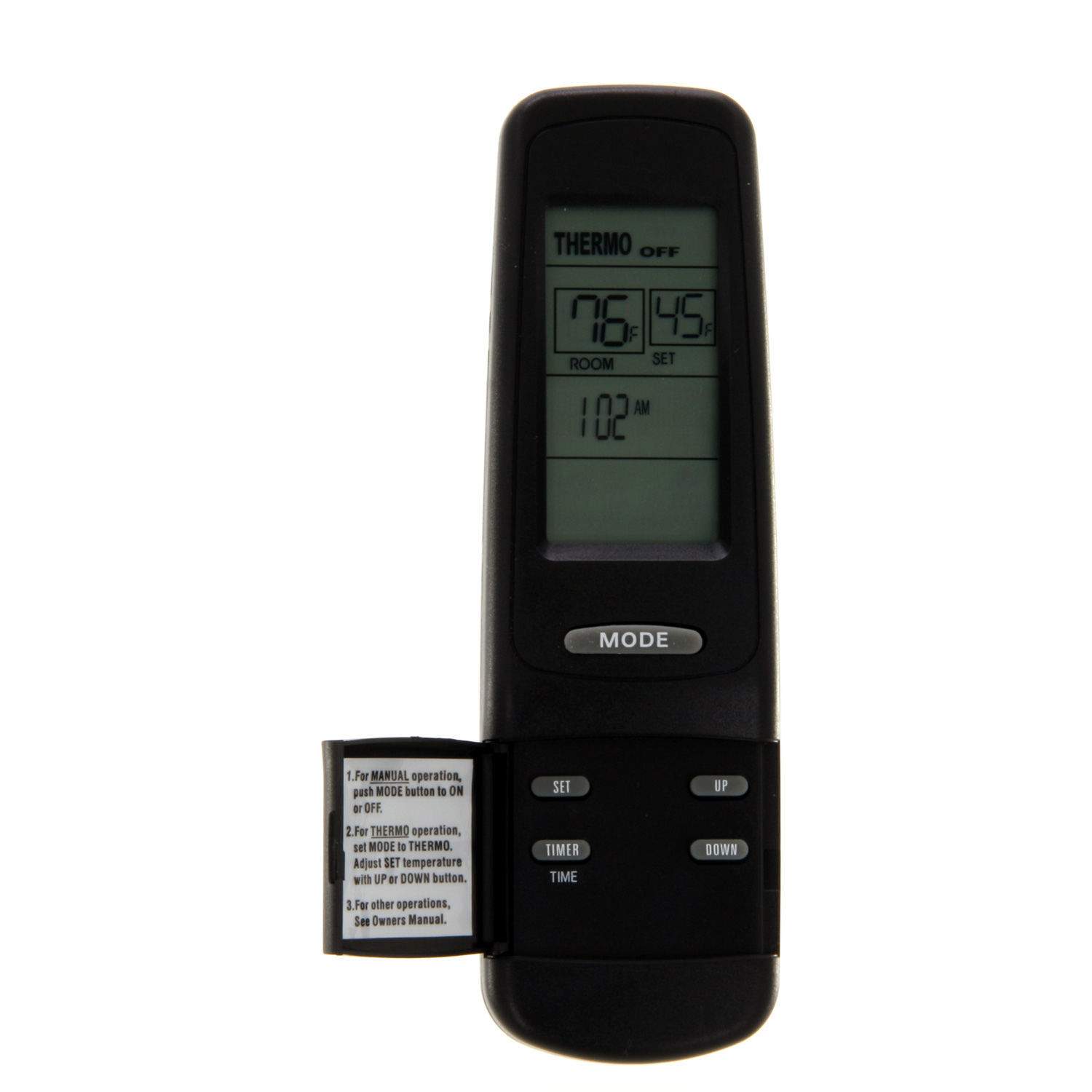 Black handheld fireplace remote with LCD screen, Mode button, and bottom control buttons
