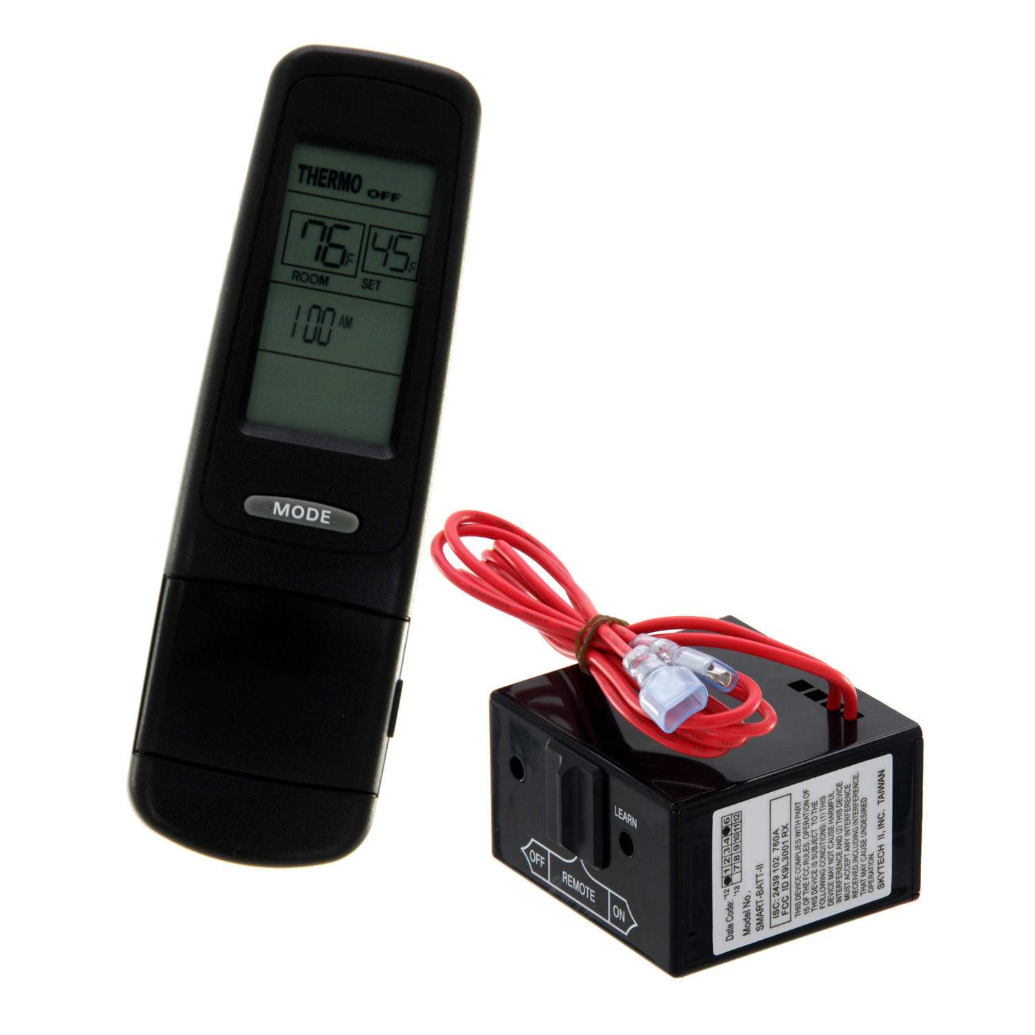 Black fireplace remote with LCD display and Mode button, shown with red wiring receiver