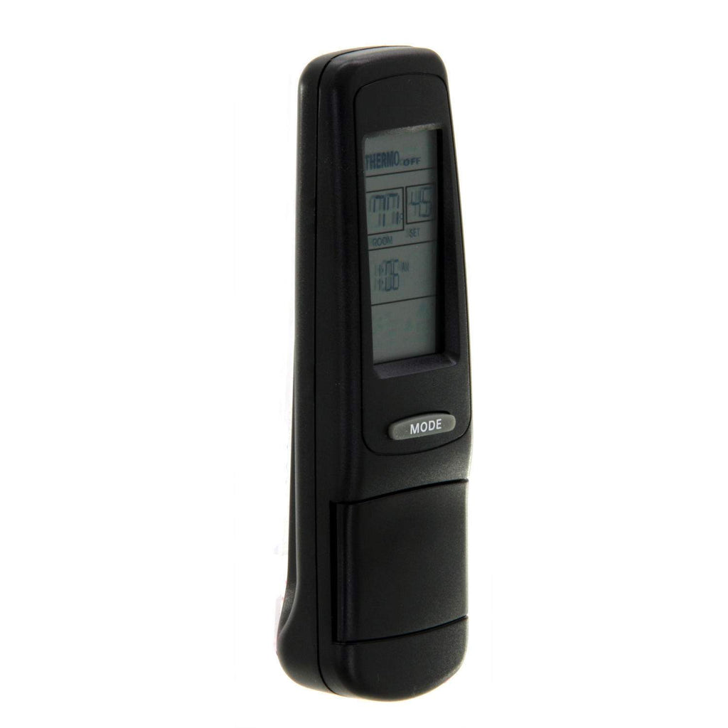 Black fireplace remote with LCD screen on front, viewed from the side