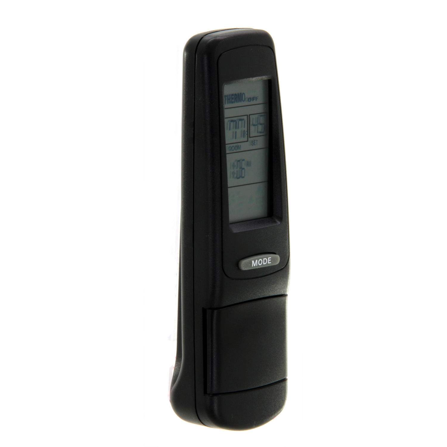 Black fireplace remote with LCD screen on front, viewed from the side