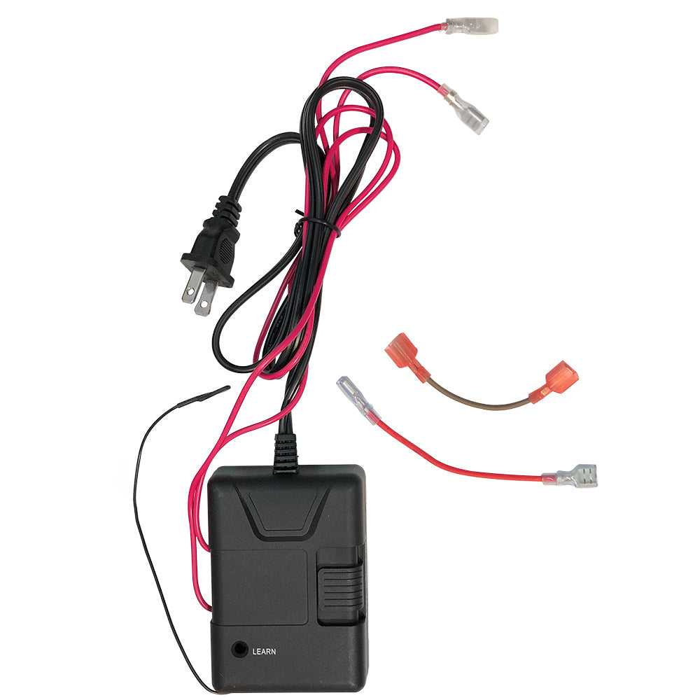 Black receiver box with learn button and red/black cable harness
