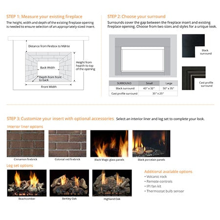 33-inch vent-free gas fireplace insert with log set, dimension and surround options chart