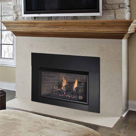 Black 33-inch vent-free gas fireplace insert with log set, open-view flames
