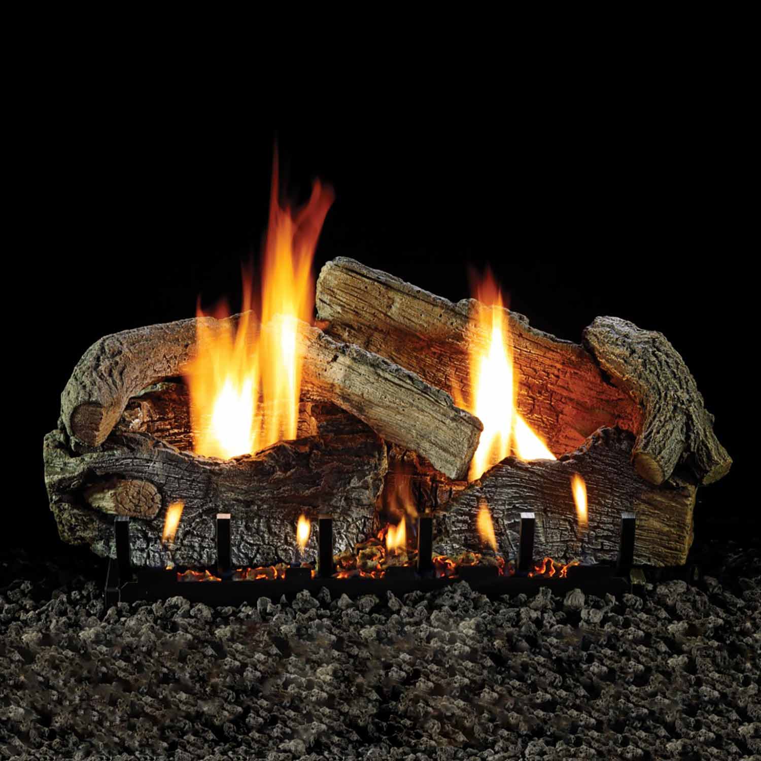 Stacked aged oak refractory fireplace log set with visible flames