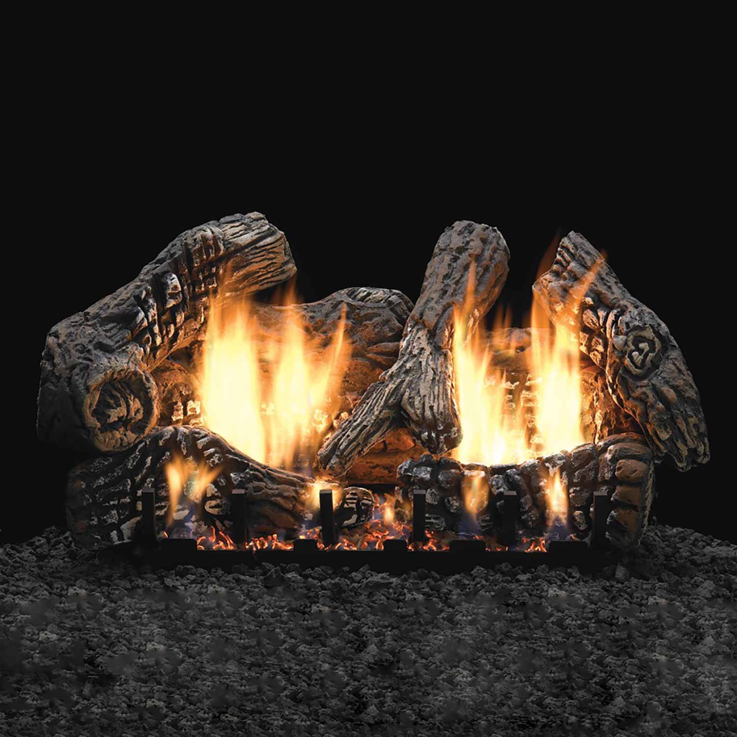 Charred oak ceramic fiber vented log set with glowing flames and embers