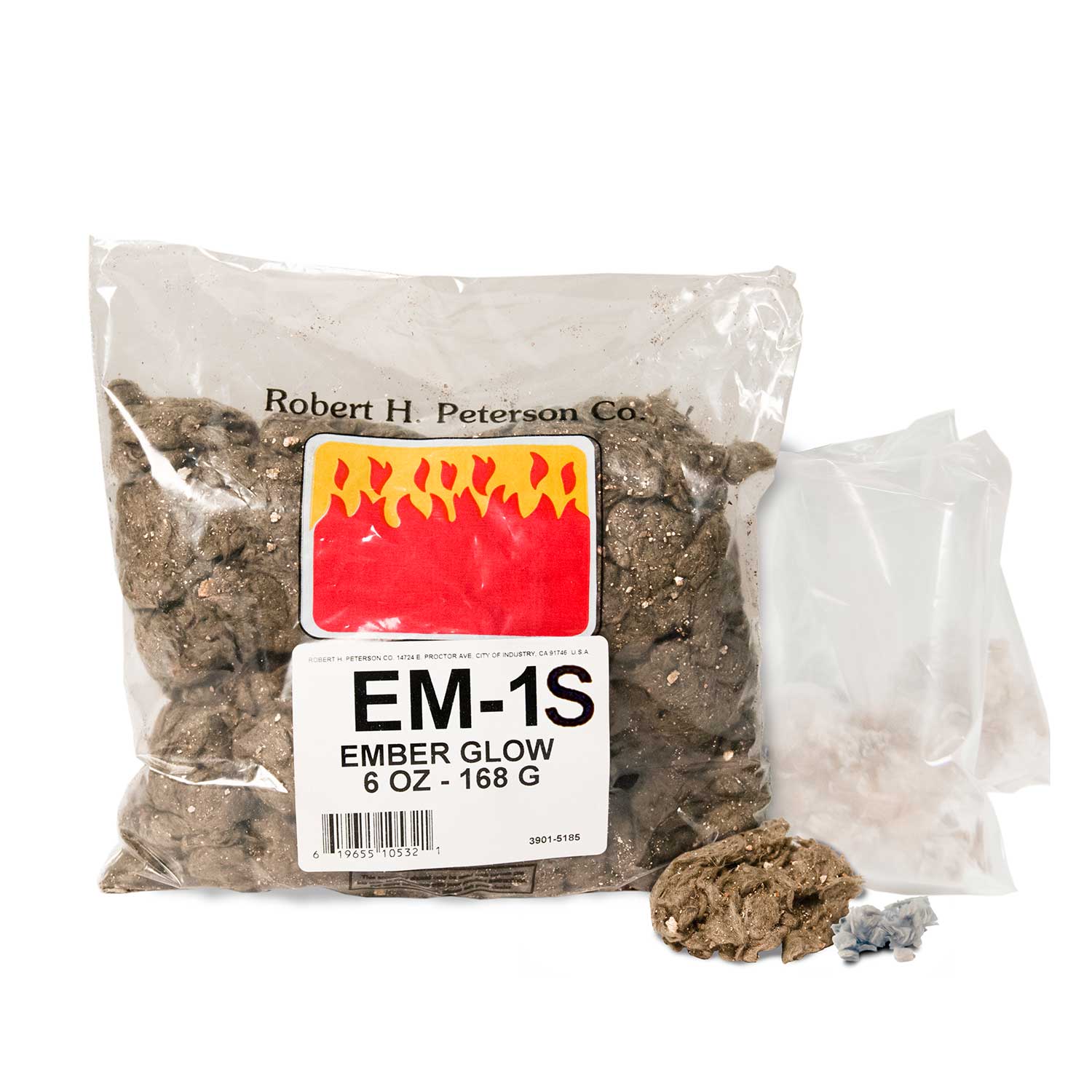 Ember glow fire pit filler, packaged dark brown rock-like chunks and bag label EM-1S