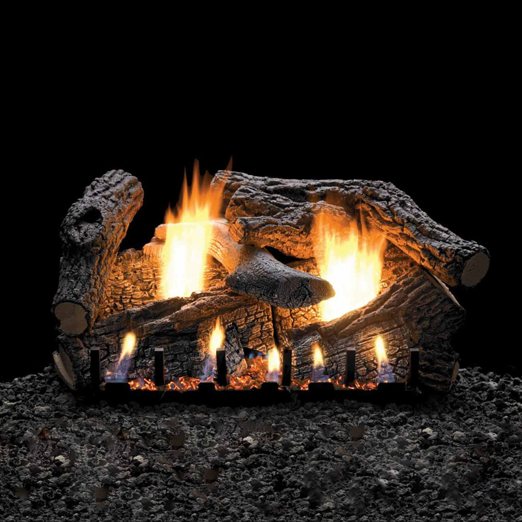 Vented refractory fireplace log set with glowing flames, dark gray charred logs