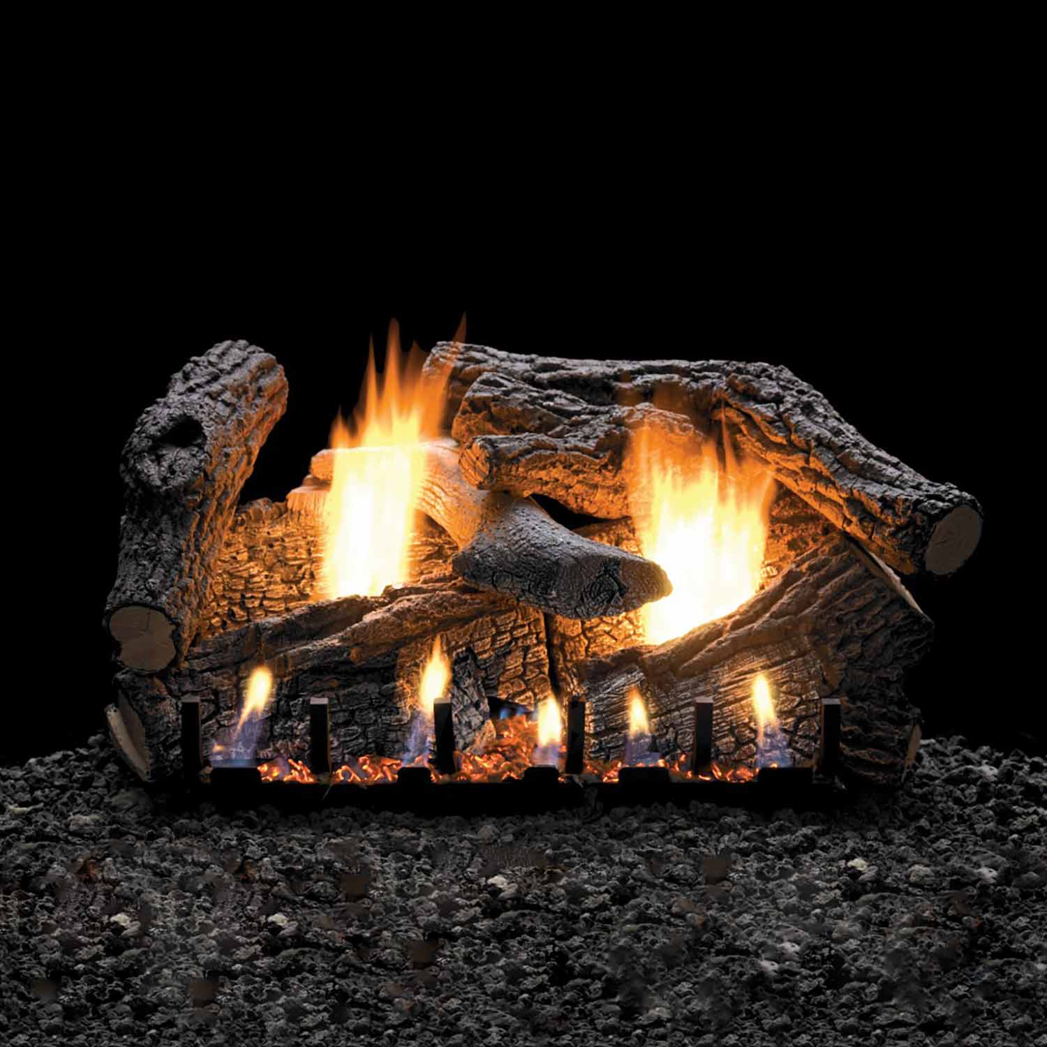 Vented refractory fireplace log set with glowing flames, dark gray charred logs
