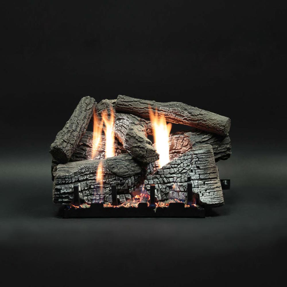 Stacked refractory gas logs with stone texture and visible flames