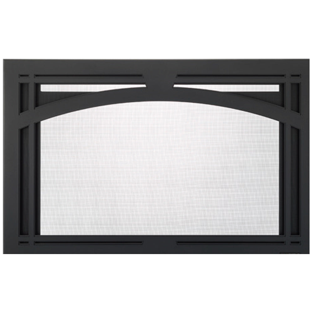 25-inch arched fireplace screen front with dark black frame and mesh panel