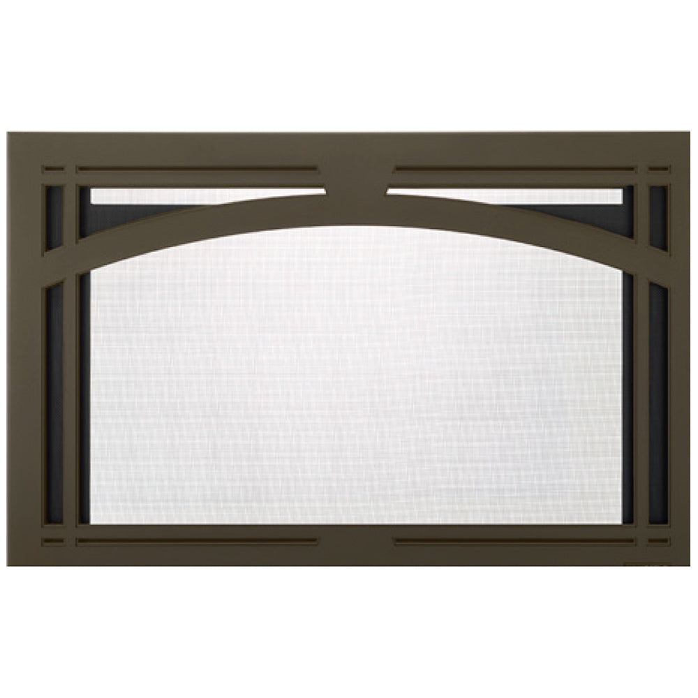 Bronze fireplace screen front with arched metal frame and mesh panel