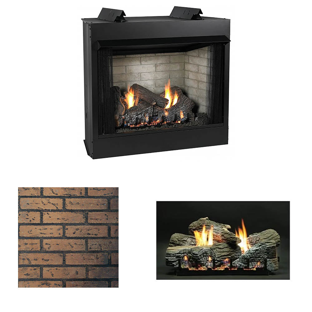 Ventless gas fireplace firebox with black surround, dark brick wall option, and glowing log flame