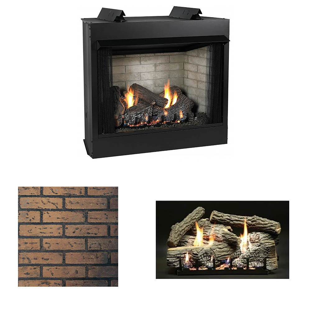 Ventless gas firebox with black frame and glass front, burning log set and glowing embers